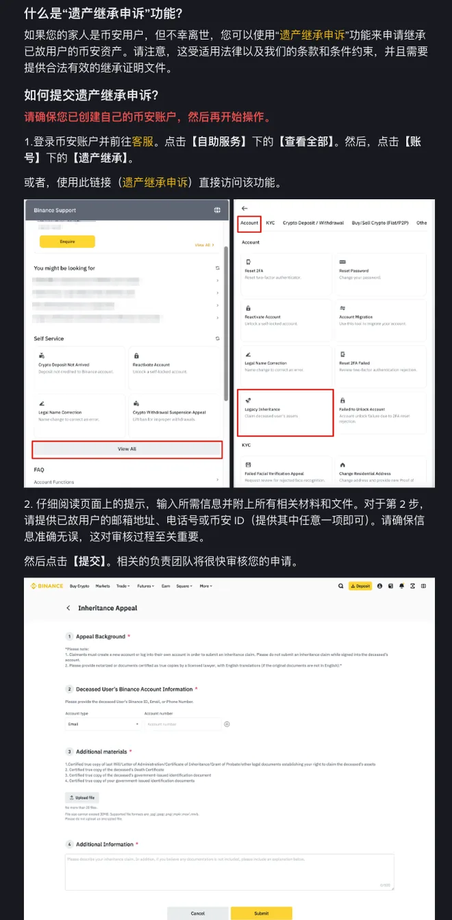 币安帮助中心遗产继承申诉页截图：功能说明，红字「请确保您已创建自己的币安账户，然后再开始操作。」，第 1 步官方示意图（Binance Support 页 Self Service 区红框标出 View All，Account 分类下红框标出 Legacy Inheritance 卡片），第 2 步说明，以及 Inheritance Appeal 表单示意图的四栏：Appeal Background、Deceased User's Binance Account Information、Additional materials、Additional Information