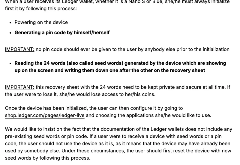 Ledger 官网二手设备骗局警示的英文原文：设备到手要自己开机、自己生成 PIN，由设备生成 24 个助记词并逐个抄在恢复表上，初始化前不应有人给你 PIN；随附文档不含预先存在的助记词或 PIN，收到带这些的设备应先用新助记词重置